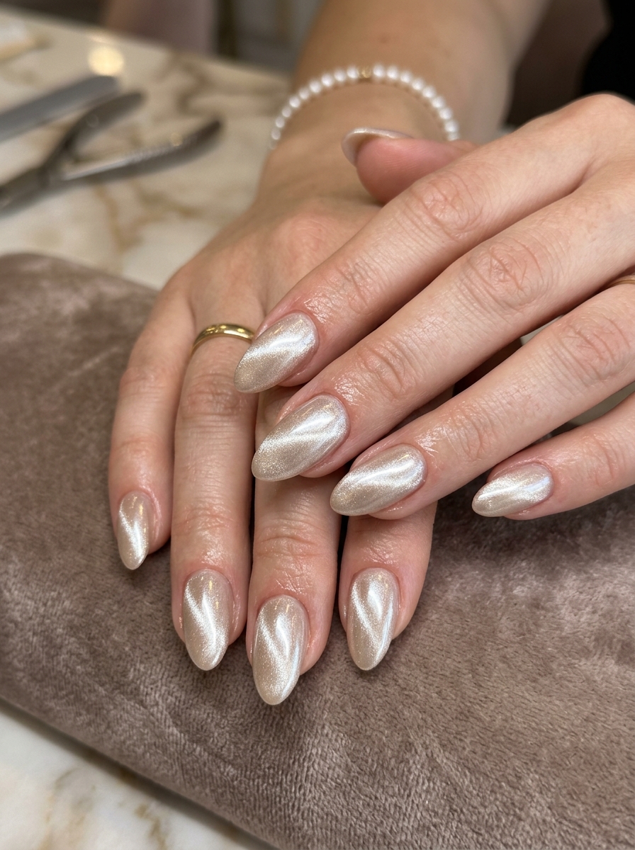 Champagne Velvet Cat-Eye Glaze - glazed donut chrome nails design