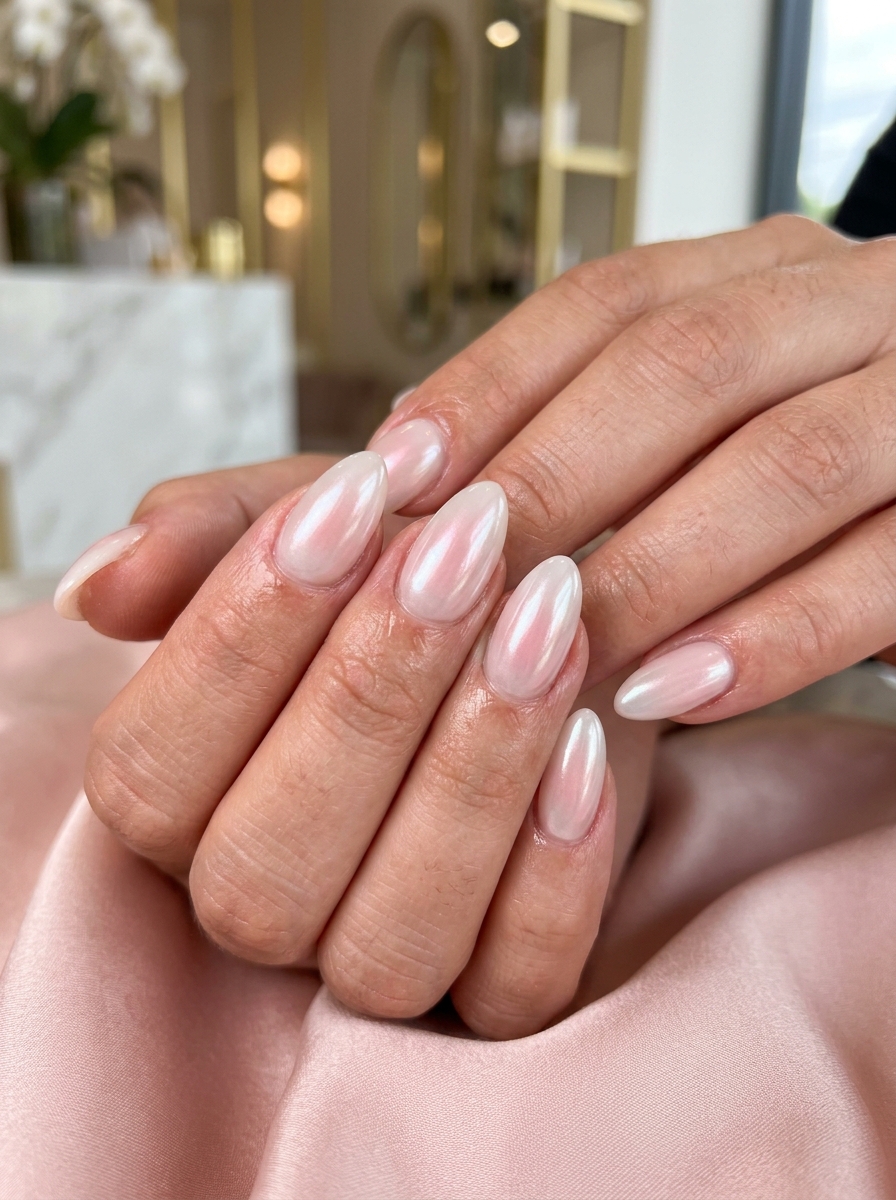 Rose Quartz Chrome Aura - glazed donut chrome nails design