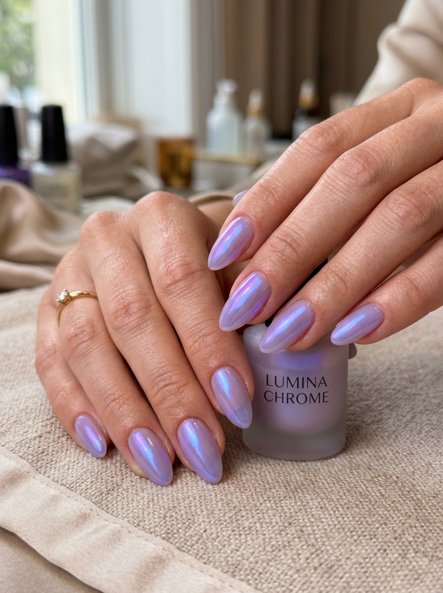 Lavender Chrome Iridescence - glazed donut chrome nails design