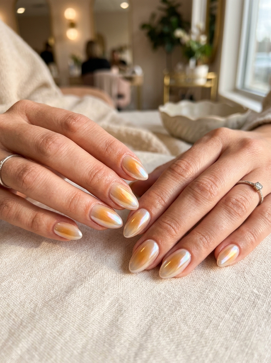 Golden Hour Aura Glaze - glazed donut chrome nails design
