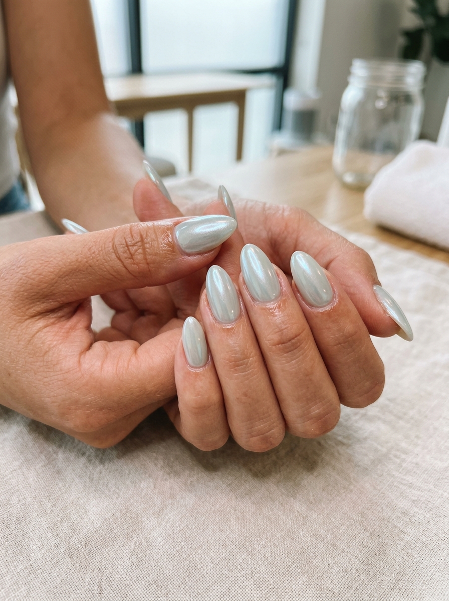 Icy Mint Chrome Glaze - glazed donut chrome nails design
