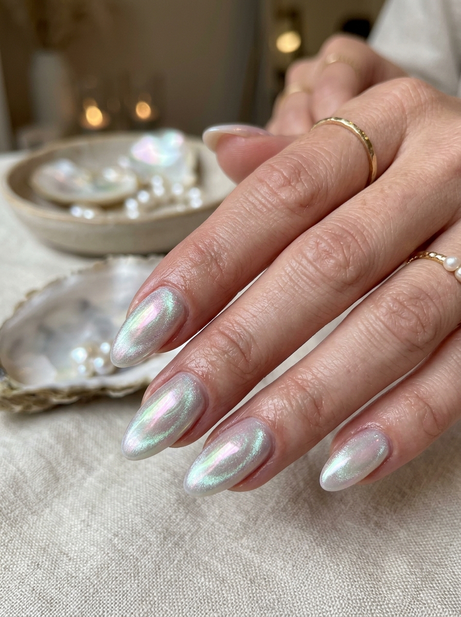 Pearlescent Oyster Shell Velvet - glazed donut chrome nails design