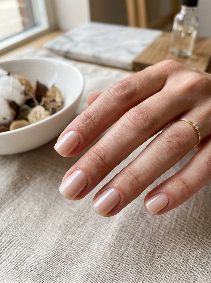 Glazed Short Squoval Natural - glazed donut chrome nails design