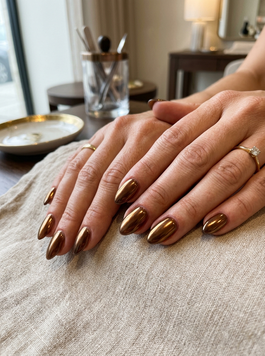 Espresso Glaze Accent - glazed donut chrome nails design