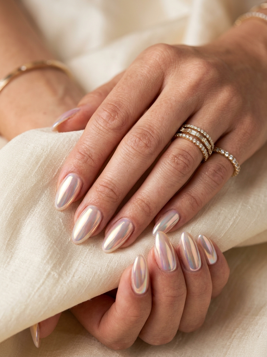 The Incredibly Expensive Glazed Almond - glazed donut chrome nails design