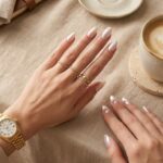 Glazed donut and chrome nails manicure with gold watch, diamond stacking rings, and luxury latte flat lay