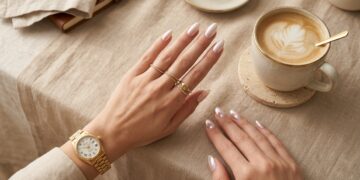 Glazed donut and chrome nails manicure with gold watch, diamond stacking rings, and luxury latte flat lay