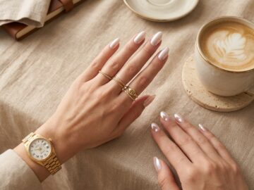 Glazed donut and chrome nails manicure with gold watch, diamond stacking rings, and luxury latte flat lay