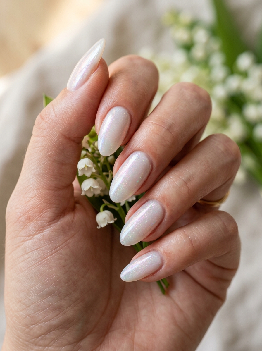 Opal Iridescent Milky Shell - milky white nails clean girl design