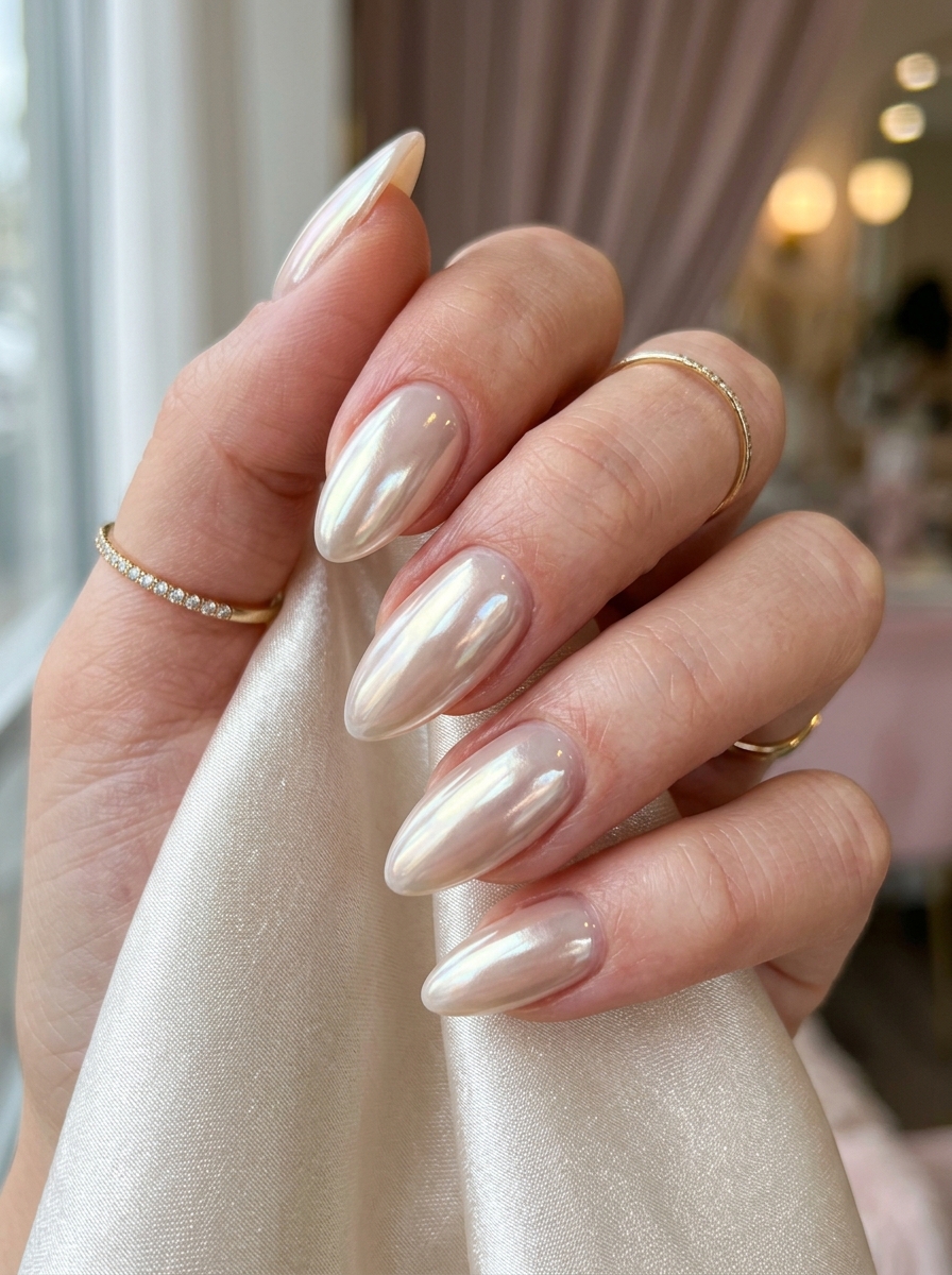 Glazed Vanilla Chrome - milky white nails clean girl design