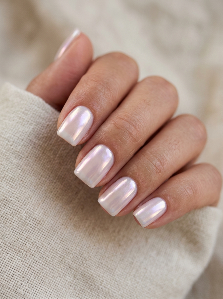 Oyster Chrome Mirror - milky white nails clean girl design