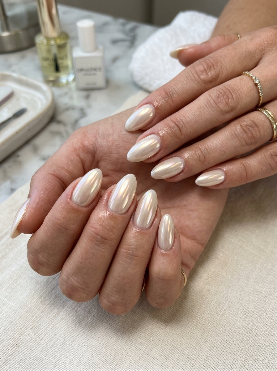Glazed Coconut Mirror Chrome - milky white nails clean girl design
