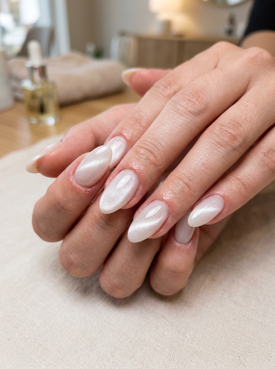 Pearl Velvet Cat-Eye - milky white nails clean girl design
