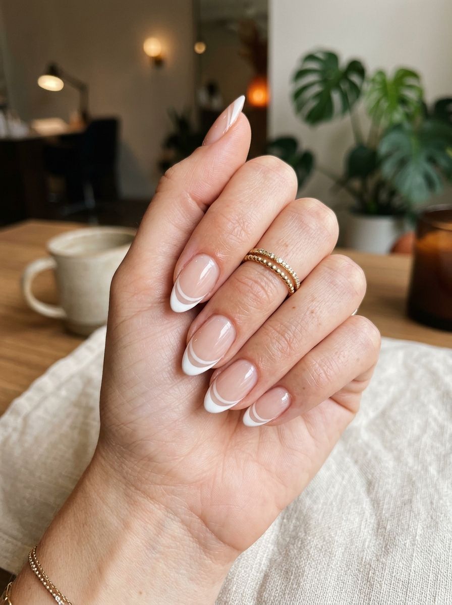 Double White French Arc - milky white nails clean girl design