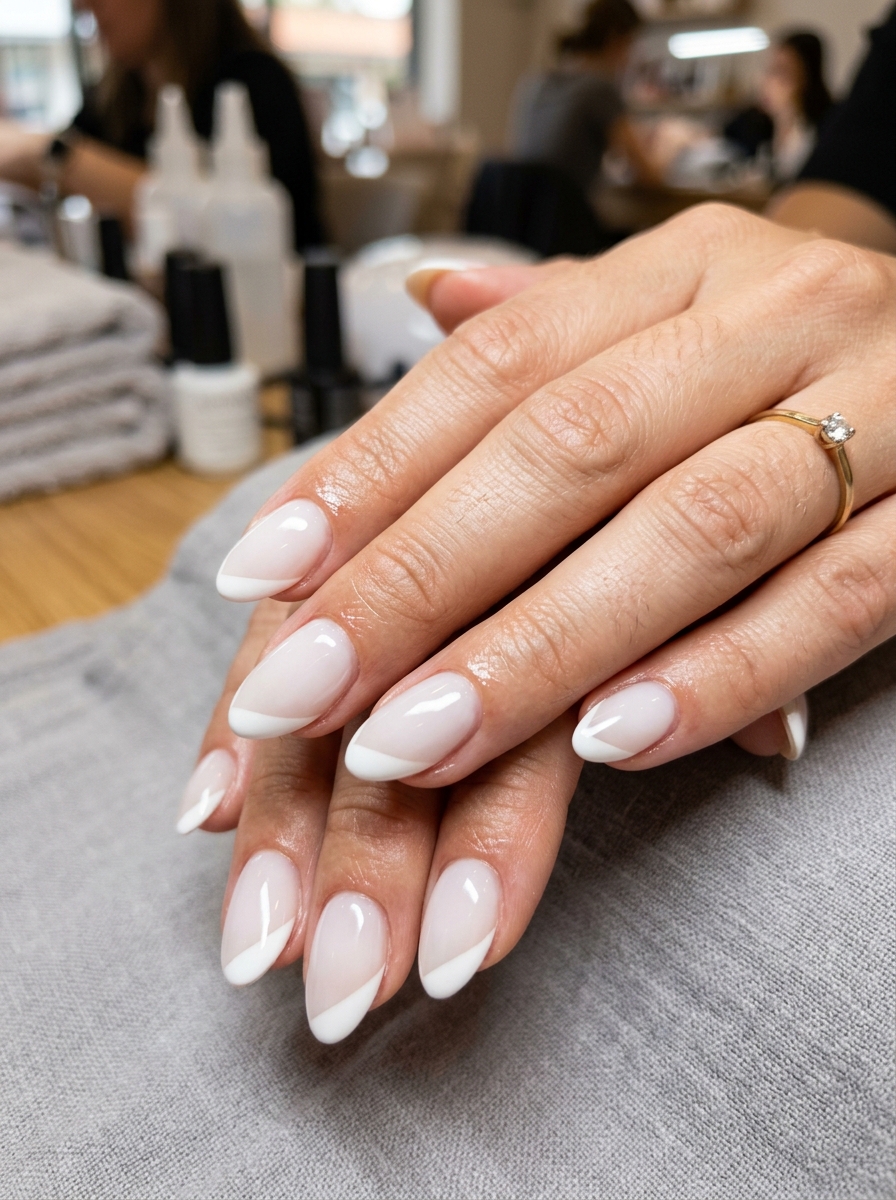 Diagonal Angular French - milky white nails clean girl design
