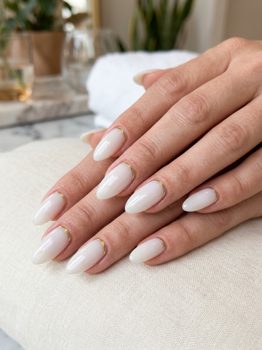 Gold Wire Cuticle Cuffs - milky white nails clean girl design