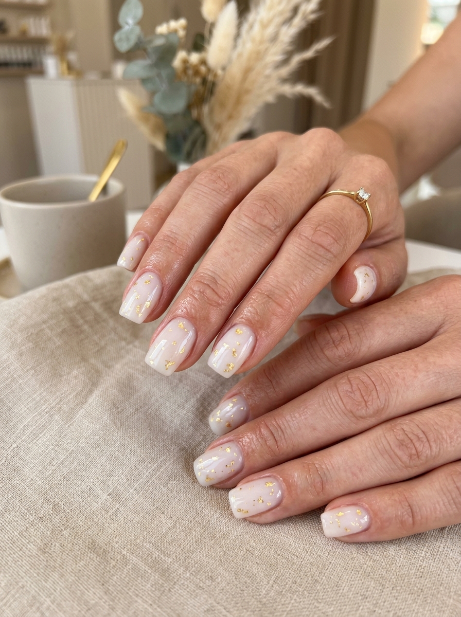 Suspended Gold Foil Flakes - milky white nails clean girl design