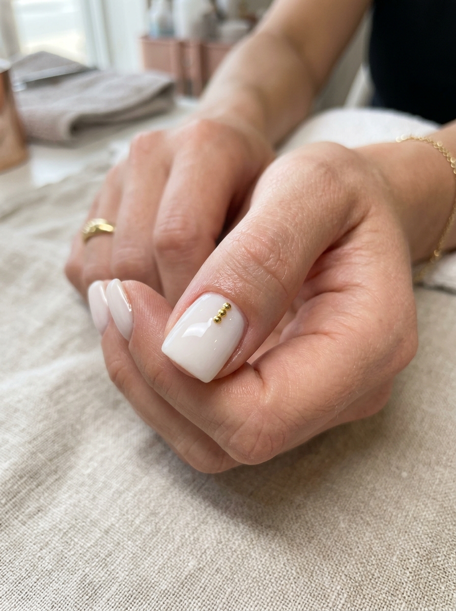 Micro Gold Caviar Dots - milky white nails clean girl design