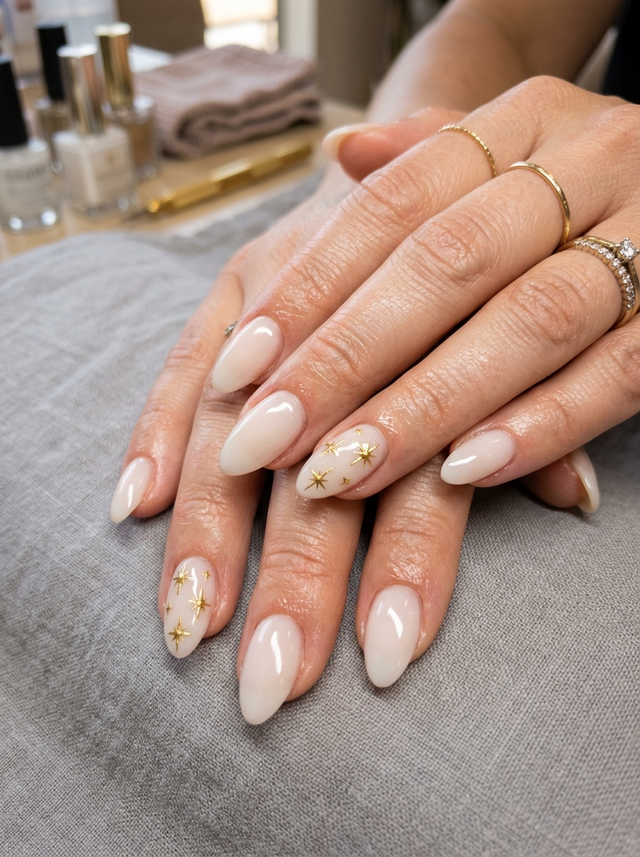 Twinkling Gold Starbursts - milky white nails clean girl design