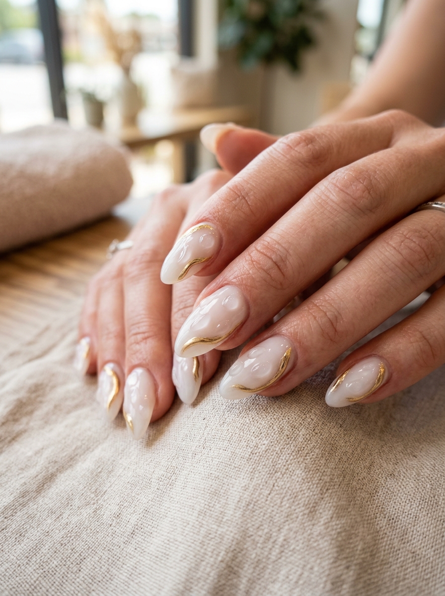 3D Liquid Gold Water Droplets - milky white nails clean girl design