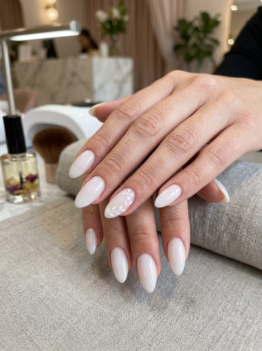 Dainty Botanical White Leaf Vine - milky white nails clean girl design