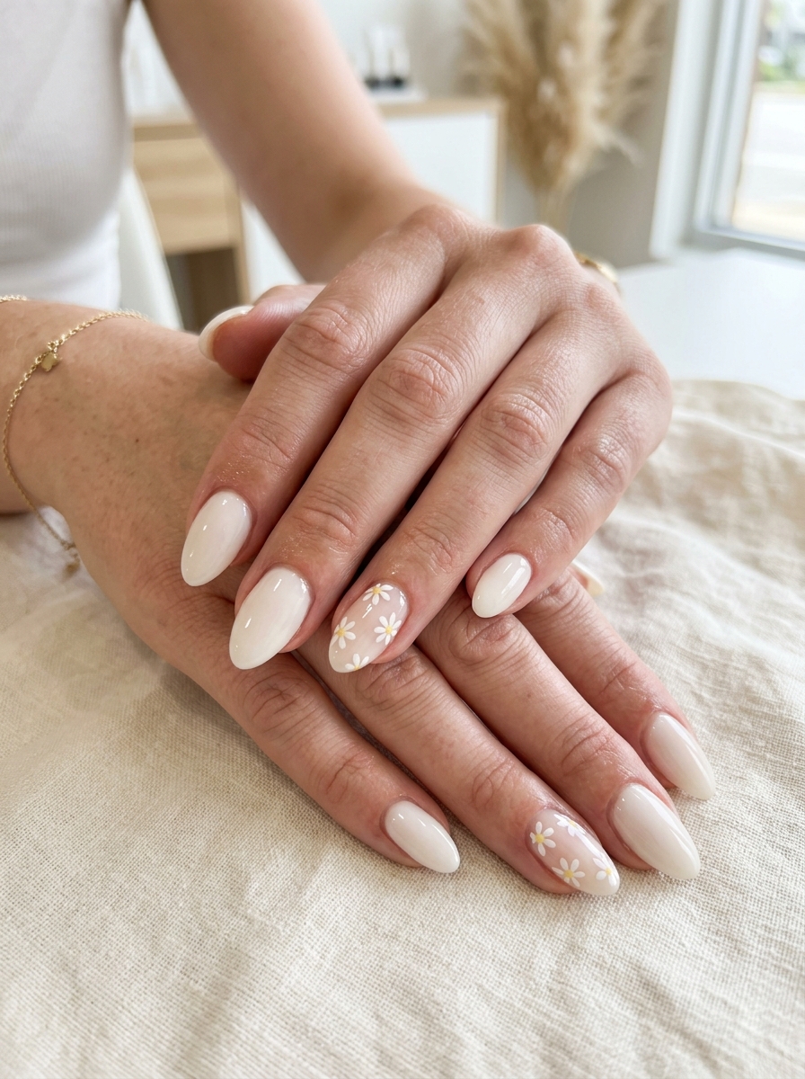 Micro White Daisy Petals - milky white nails clean girl design
