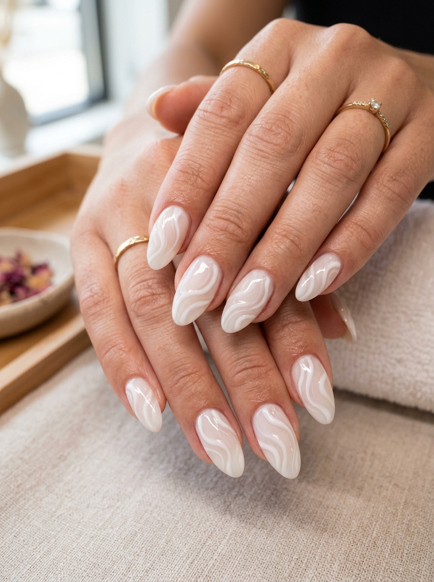 Fluid Organic White Wave Swirls - milky white nails clean girl design