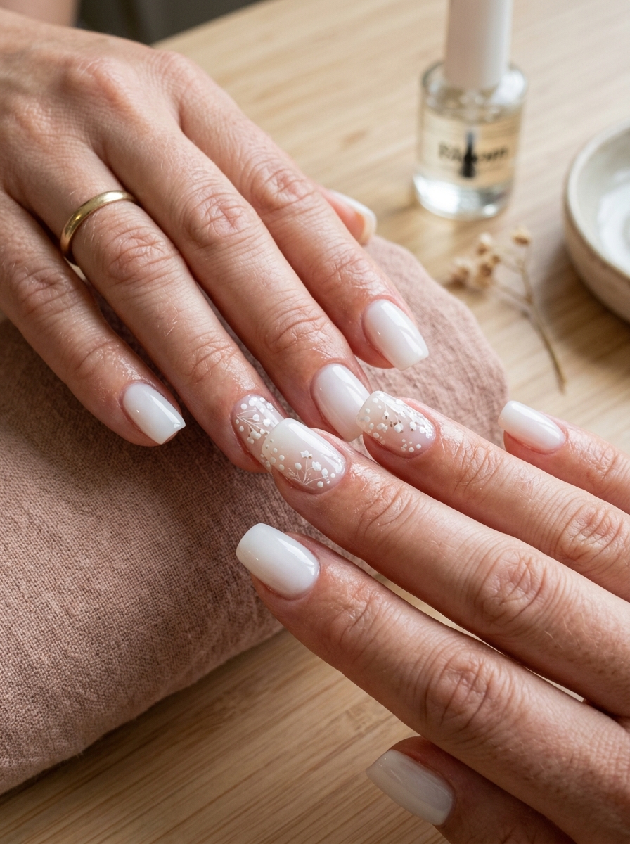 Delicate Babys Breath Blossoms - milky white nails clean girl design
