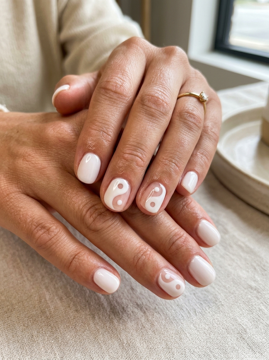 Minimalist Milky Yin-Yang - milky white nails clean girl design