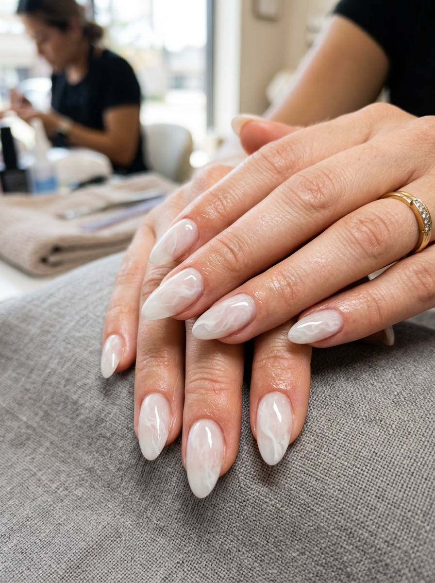 Wispy White Smoke Marble - milky white nails clean girl design