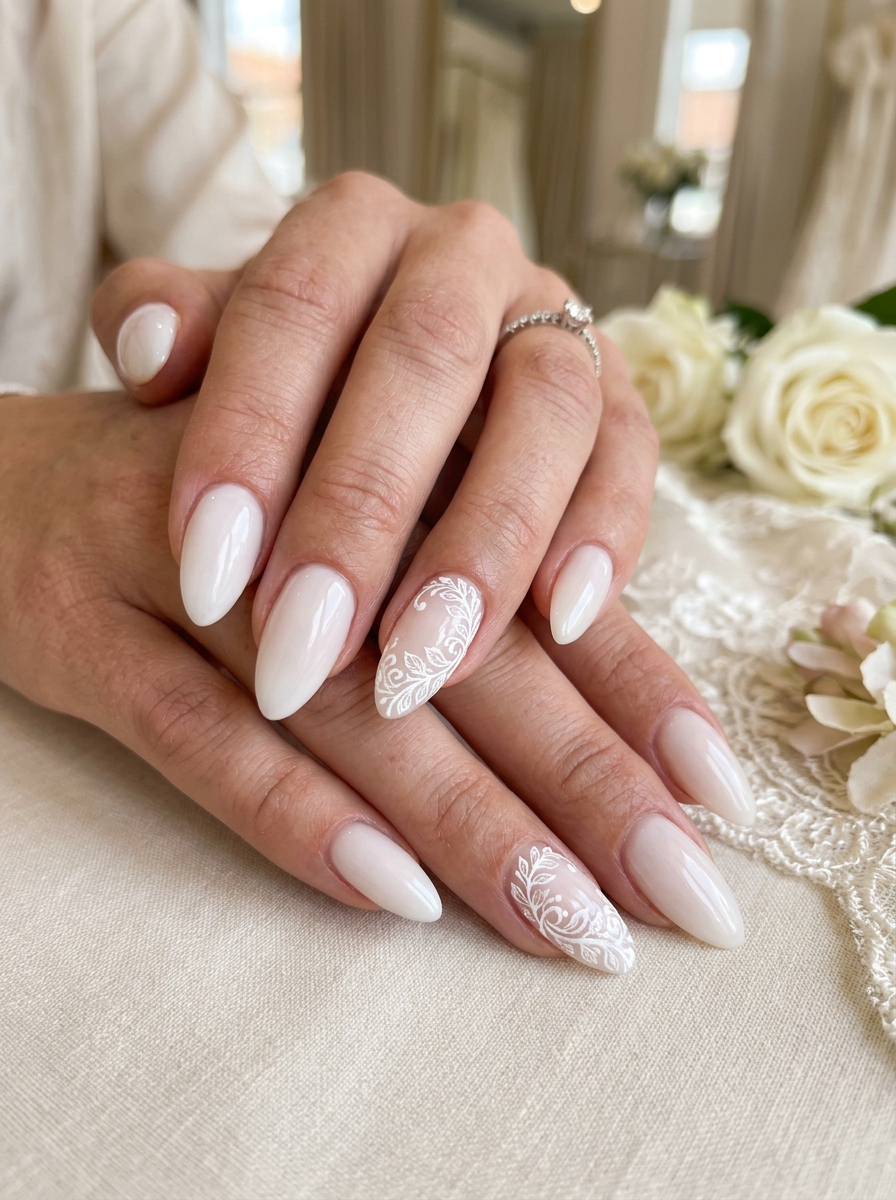 Bridal White Lace Filigree - milky white nails clean girl design