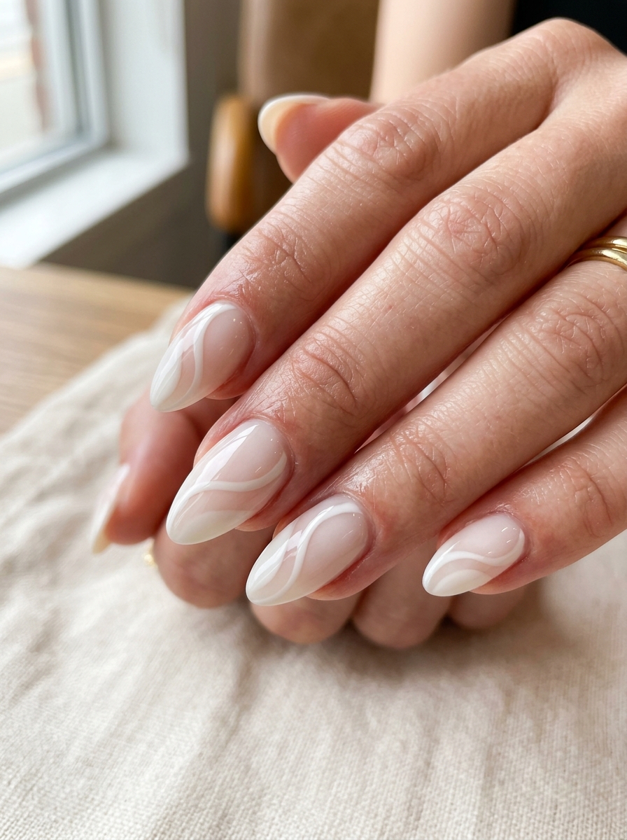 Negative Space Ribbon Waves - milky white nails clean girl design
