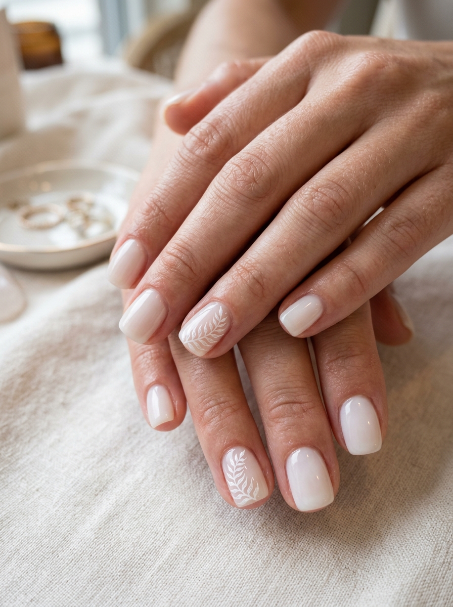 Hand-Painted Milky Fern Fronds - milky white nails clean girl design
