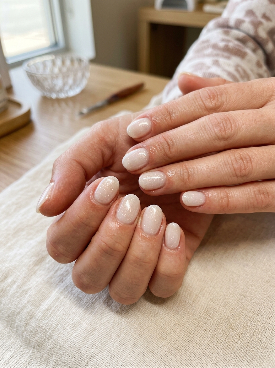 Champagne Shimmer Jelly - milky white nails clean girl design