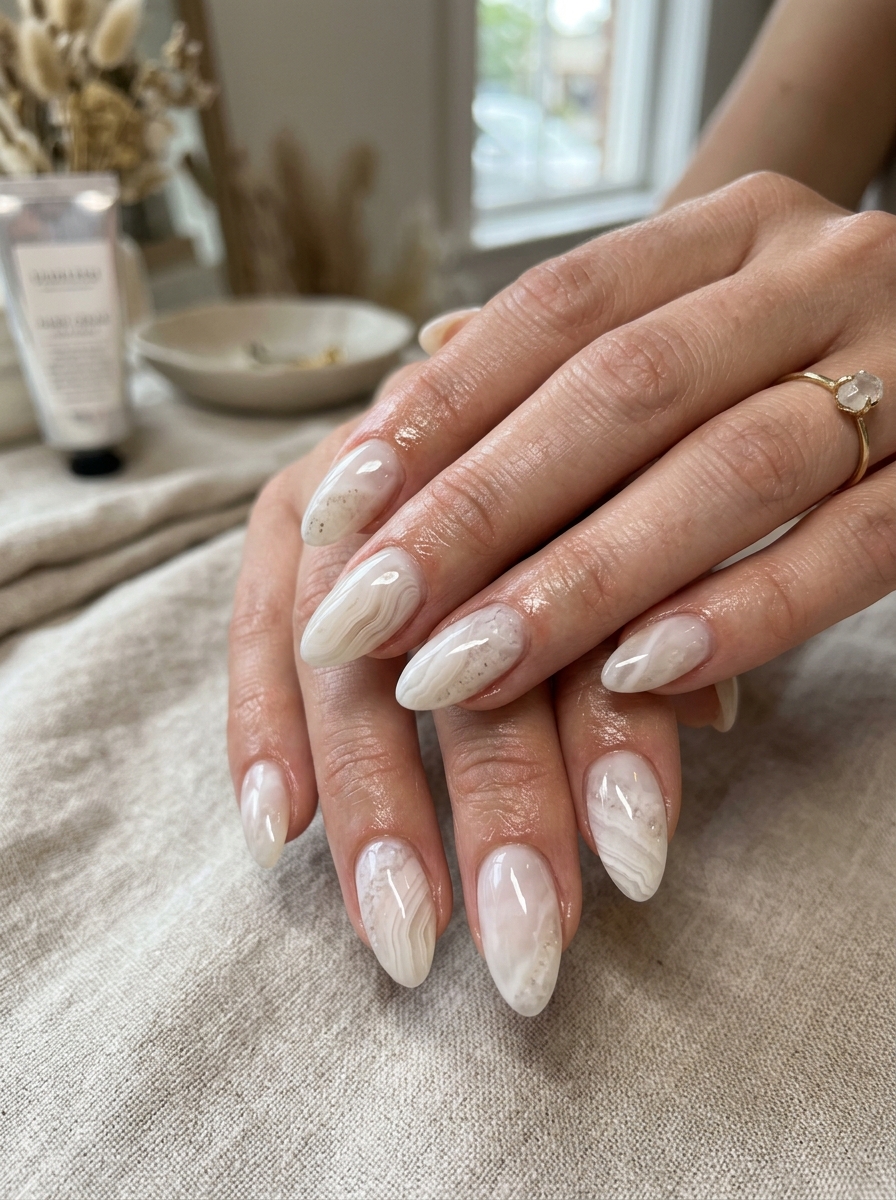 Translucent White Agate Quartz Marble - milky white nails clean girl design