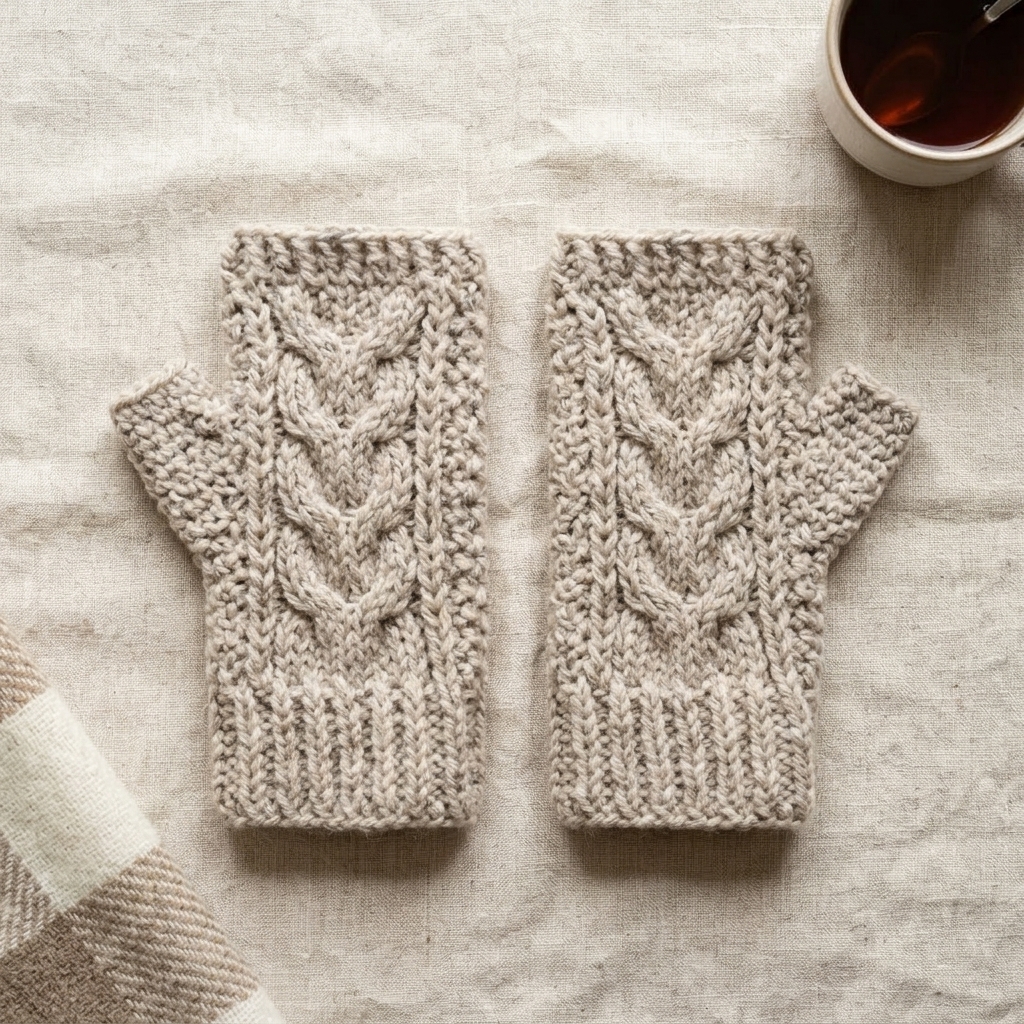 Flat lay of handmade crochet fingerless gloves on linen