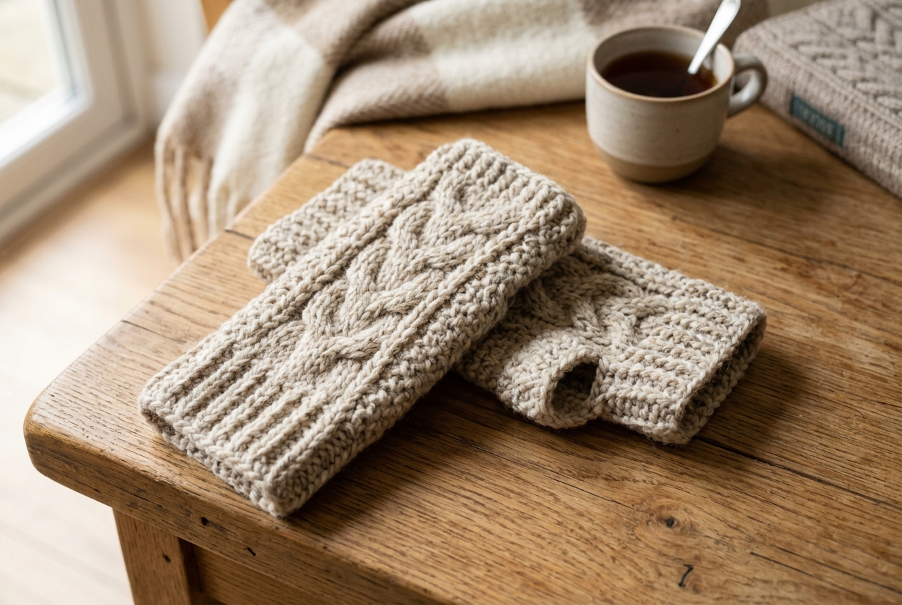 Cozy Cream Ribbed Crochet Fingerless Mittens Hero View - crochet fingerless mittens pattern
