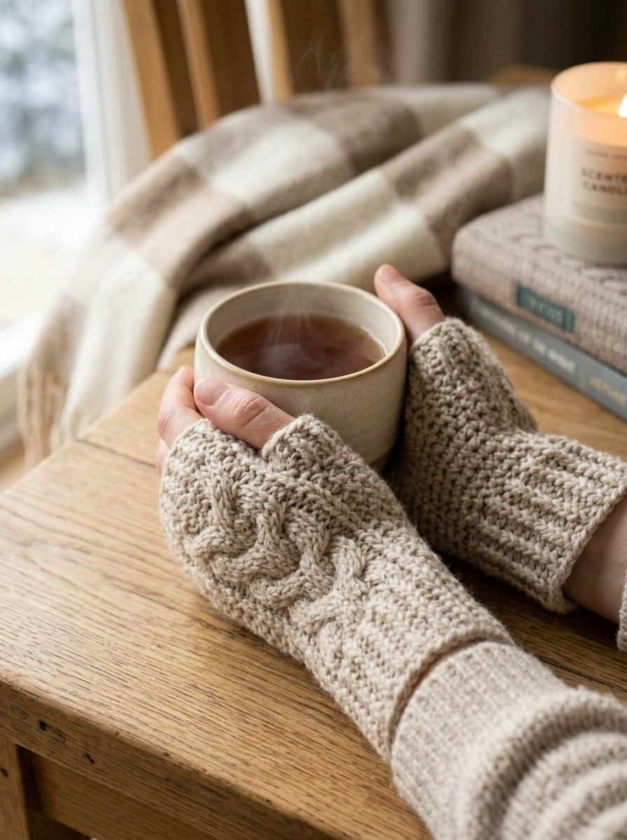 Woman wearing fingerless crochet mittens holding mug