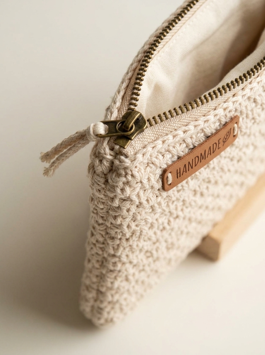 Detail shot of moss stitch zipper pouch construction