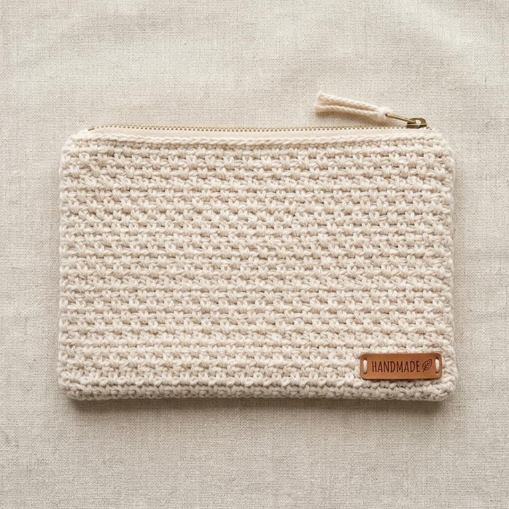 Flatlay of moss stitch zipper pouch