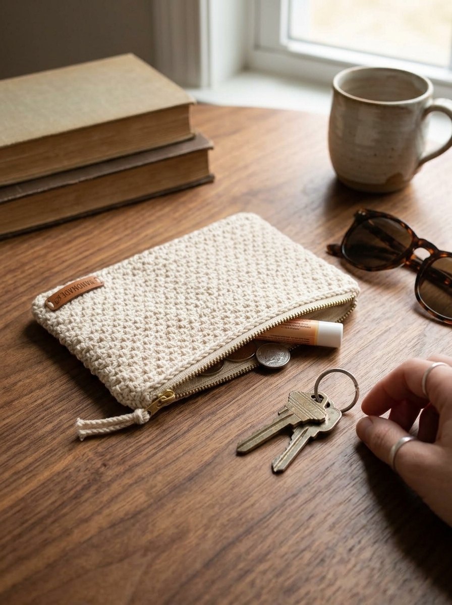 Lifestyle shot of moss stitch zipper pouch