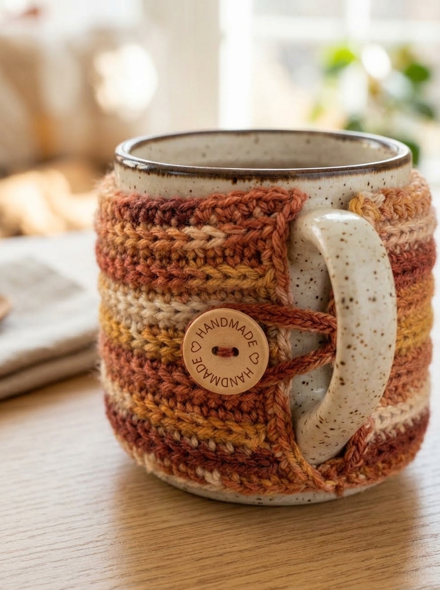 Crochet mug cozy detail shot