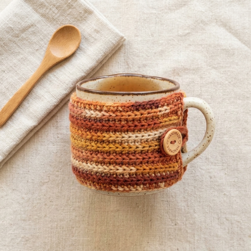 Crochet mug cozy flat lay
