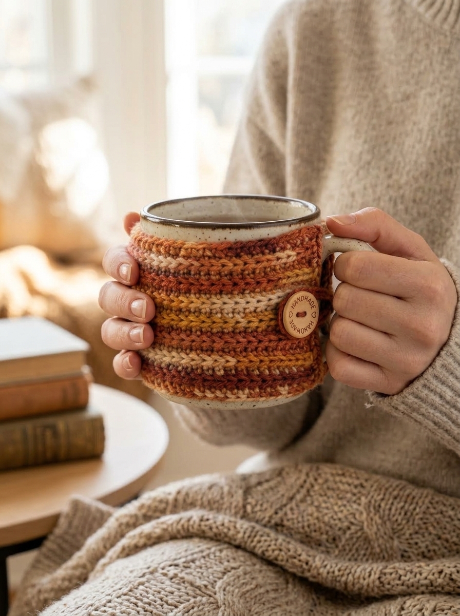Crochet mug cozy lifestyle shot