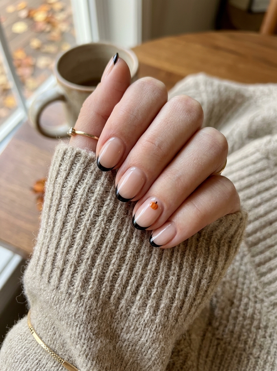 Chic Black French with Pumpkin Accent Dots - cute fall pumpkin nail art