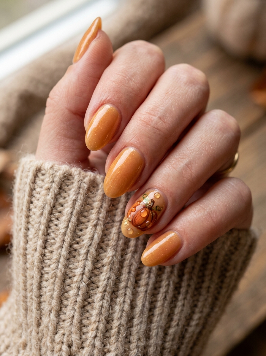 Honey Glazed Nails with Clear 3D Dewdrops - cute fall pumpkin nail art