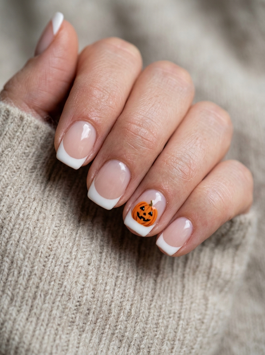 Micro Jack-O'-Lantern French Smile Lines - cute fall pumpkin nail art