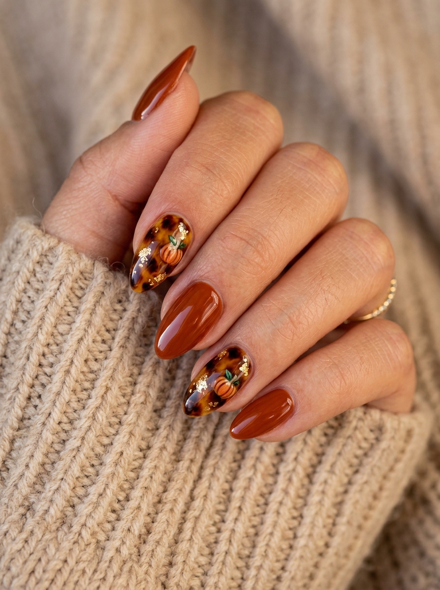 Tortoiseshell French & Micro Pumpkins - cute fall pumpkin nail art