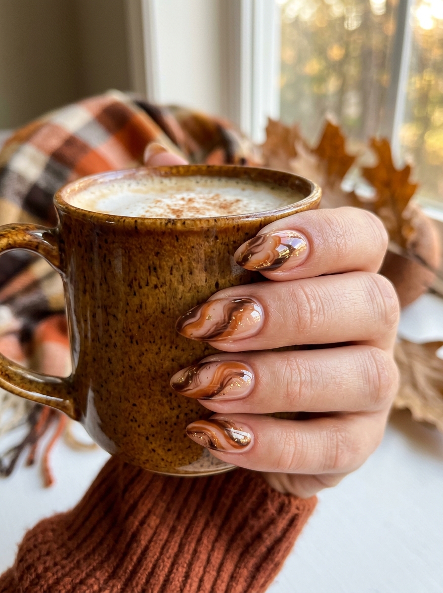 Chocolate Swirl Spiced Chai Latte - cute fall pumpkin nail art