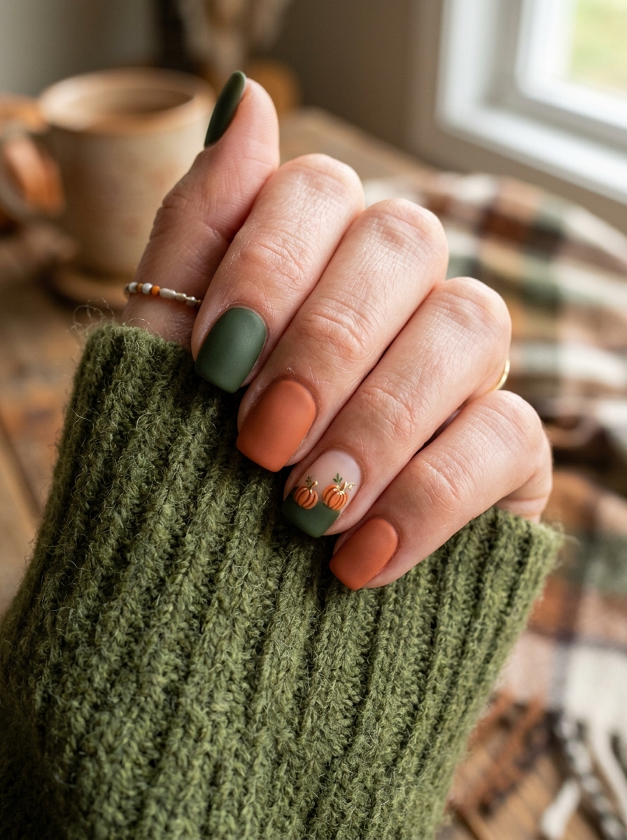 Velvet Matte Forest & Terracotta Gourds - cute fall pumpkin nail art